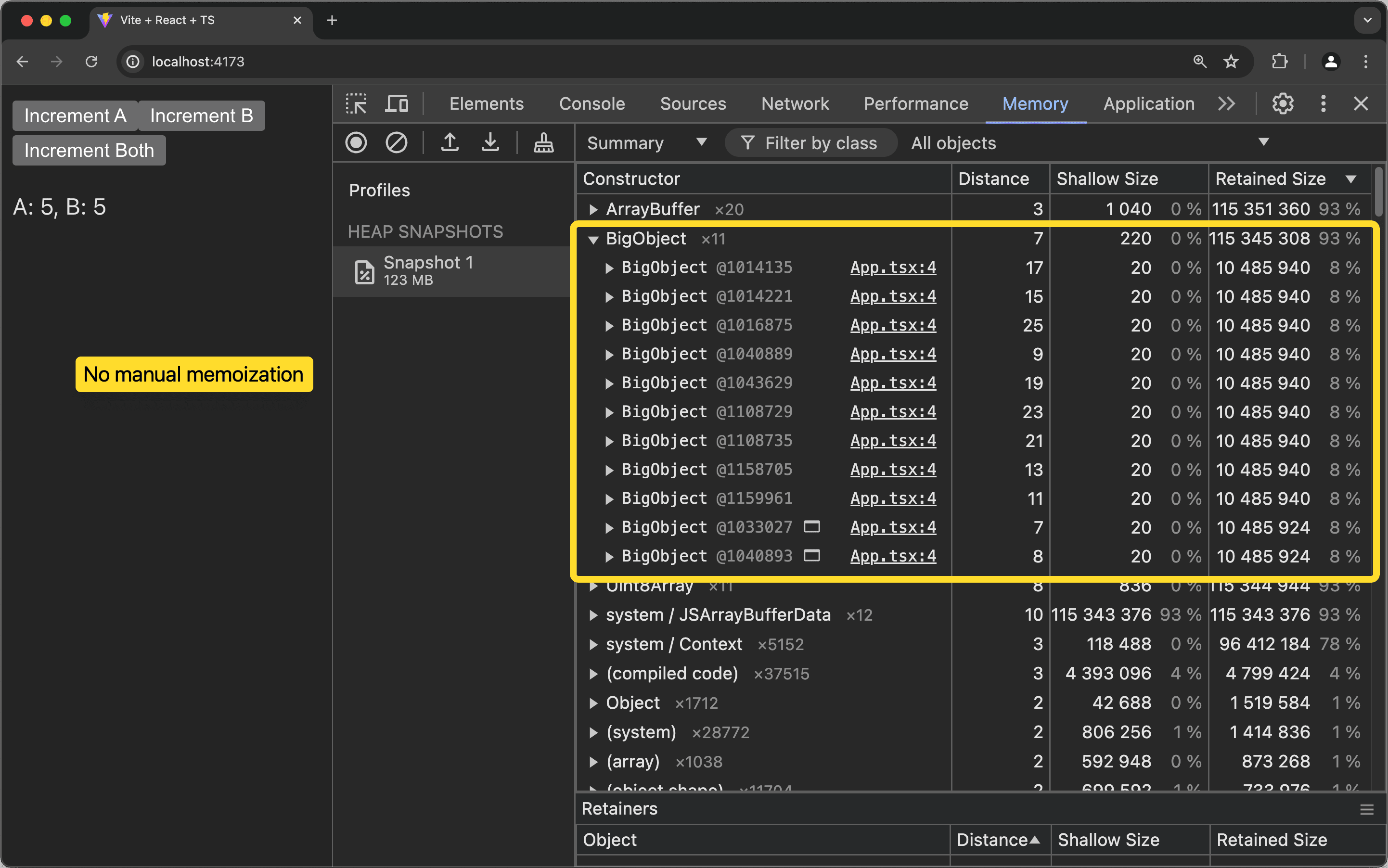 Heap snapshot with leak, no memoization