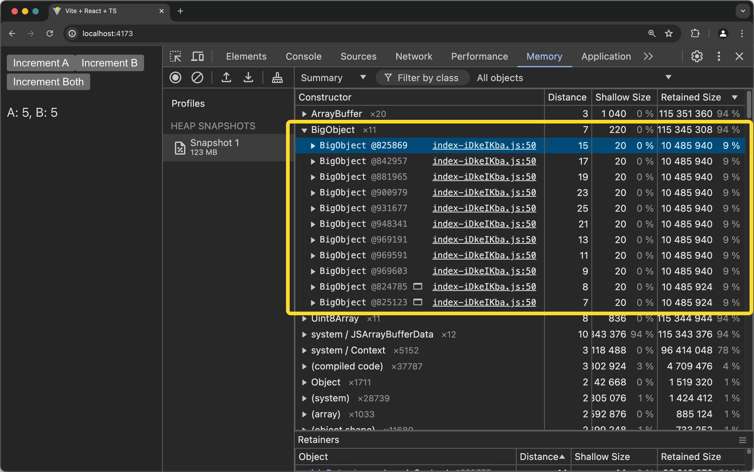 Heap snapshot with leak